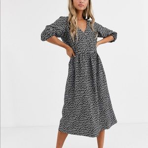 ASOS Design Mono Floral Jacquard Faux Wrap Smock Dress